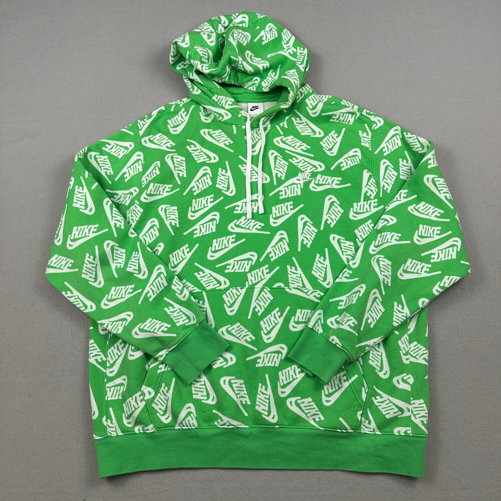 Nike Hoodie Men Extra Large Green All Over Print Essential Pullover Pockets XL